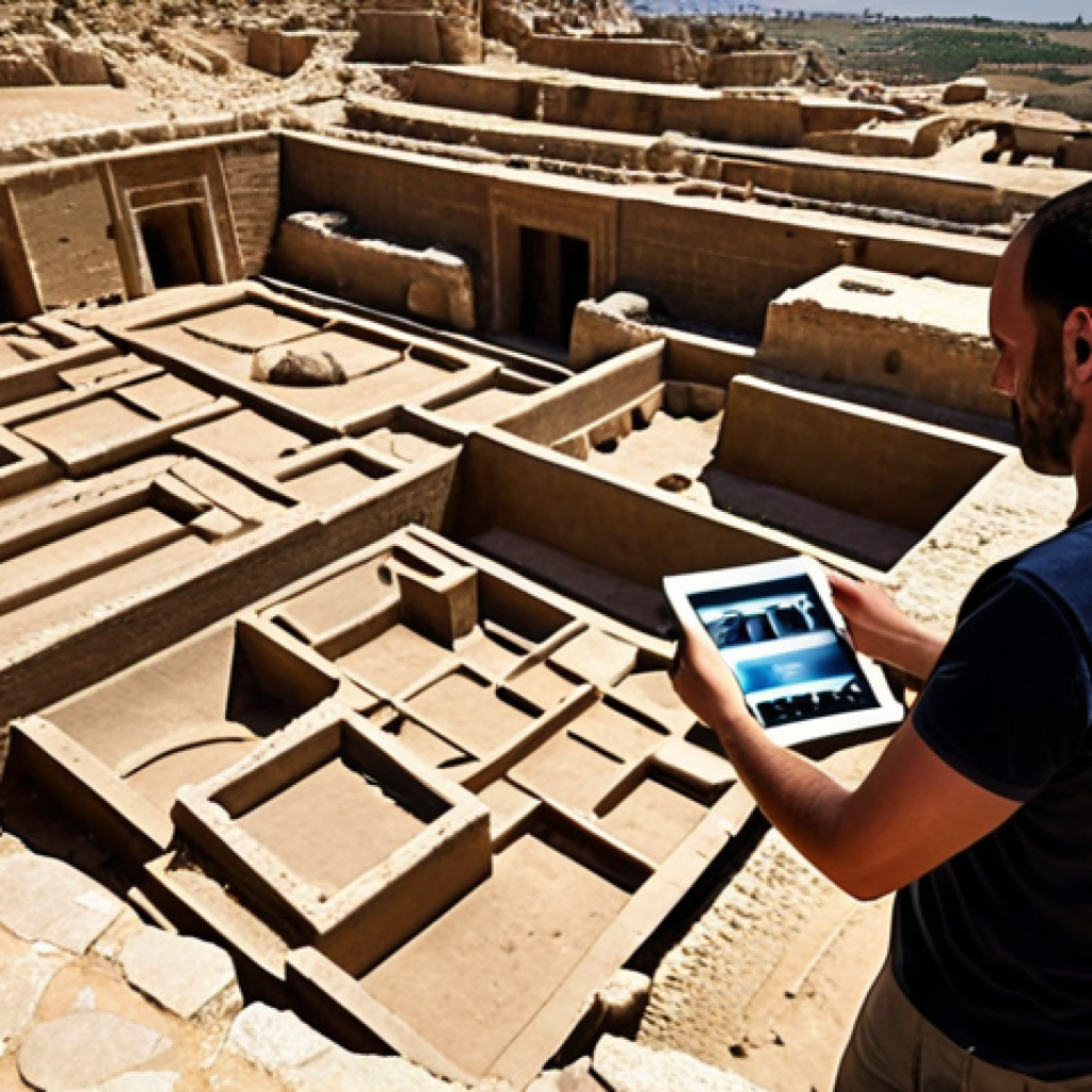 "An archaeological site in Israel where cutting-edge technology meets ancient history. Drones equipped with LiDAR scanners fly over vast, sun-drenched ruins, meticulously mapping hidden structures. On the ground, archaeologists examine digital 3D models on tablets, revealing centuries-old layers. The scene captures the blend of high-tech tools like AI analysis with traditional excavation, highlighting modern discovery of an ancient civilization."