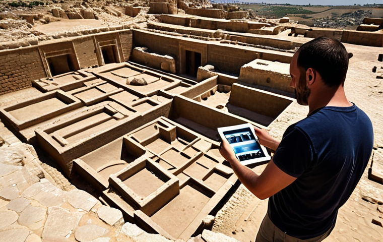 "An archaeological site in Israel where cutting-edge technology meets ancient history. Drones equipped with LiDAR scanners fly over vast, sun-drenched ruins, meticulously mapping hidden structures. On the ground, archaeologists examine digital 3D models on tablets, revealing centuries-old layers. The scene captures the blend of high-tech tools like AI analysis with traditional excavation, highlighting modern discovery of an ancient civilization."
