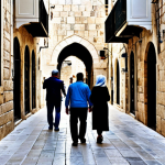 A contemplative outdoor scene in the Old City of Jerusalem, showcasing ancient stone architecture with subtle hints of modern life. Diverse, fully clothed individuals in modest, appropriate attire are respectfully walking through narrow, historic alleyways. The scene evokes a sense of timelessness and cultural depth. Elements include weathered stone buildings, arched passages, and soft natural light. Safe for work, appropriate content, fully clothed, professional, perfect anatomy, correct proportions, natural pose, well-formed hands, proper finger count, natural body proportions, professional photography, high quality, family-friendly.