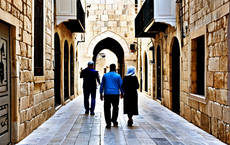 A contemplative outdoor scene in the Old City of Jerusalem, showcasing ancient stone architecture with subtle hints of modern life. Diverse, fully clothed individuals in modest, appropriate attire are respectfully walking through narrow, historic alleyways. The scene evokes a sense of timelessness and cultural depth. Elements include weathered stone buildings, arched passages, and soft natural light. Safe for work, appropriate content, fully clothed, professional, perfect anatomy, correct proportions, natural pose, well-formed hands, proper finger count, natural body proportions, professional photography, high quality, family-friendly.