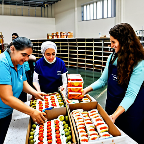 Home 27 **
"A vibrant scene at a food bank in Israel, volunteers of diverse backgrounds packing food boxes for families in need, fully clothed, safe for work, appropriate content, modest attire, professional photography, natural proportions, high quality. Depict the spirit of community and helping those less fortunate."
**