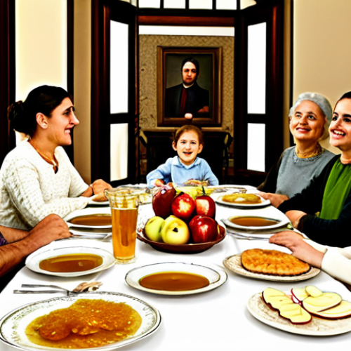 Home 26 Rosh Hashanah Celebration**
"A family gathered around a table celebrating Rosh Hashanah, fully clothed in modest, traditional attire, safe for work. The table is set with apples dipped in honey, a challah bread, and other festive foods. Background shows a warmly lit dining room with traditional decorations. Perfect anatomy, correct proportions, natural pose, well-formed hands, proper finger count, natural body proportions, professional photography, high quality, appropriate content, family-friendly."
**