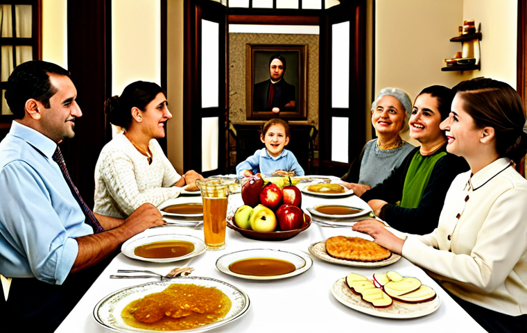 Rosh Hashanah Celebration**

"A family gathered around a table celebrating Rosh Hashanah, fully clothed in modest, traditional attire, safe for work. The table is set with apples dipped in honey, a challah bread, and other festive foods. Background shows a warmly lit dining room with traditional decorations. Perfect anatomy, correct proportions, natural pose, well-formed hands, proper finger count, natural body proportions, professional photography, high quality, appropriate content, family-friendly."

**