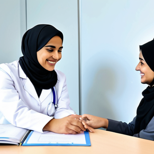 Home 12 **
A female doctor in a clean, modern hospital consulting room, fully clothed in a professional white coat and hijab, smiling warmly at a young female patient in modest clothing. Safe for work, appropriate content, family-friendly, perfect anatomy, proper finger count, natural body proportions, realistic, high resolution. Background: Medical posters in Urdu, a stethoscope on the desk.
**