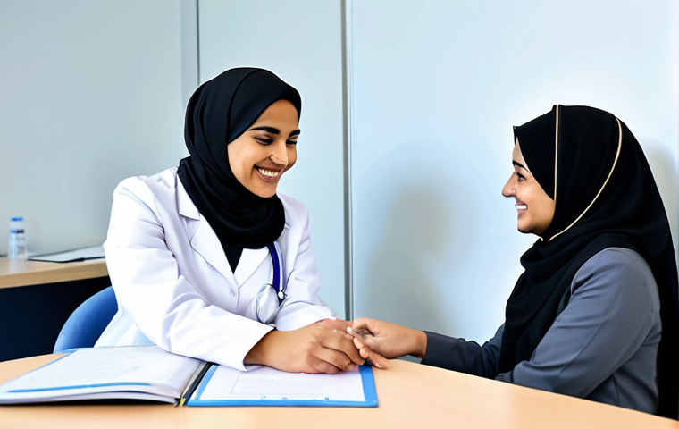 **

A female doctor in a clean, modern hospital consulting room, fully clothed in a professional white coat and hijab, smiling warmly at a young female patient in modest clothing. Safe for work, appropriate content, family-friendly, perfect anatomy, proper finger count, natural body proportions, realistic, high resolution. Background: Medical posters in Urdu, a stethoscope on the desk.

**