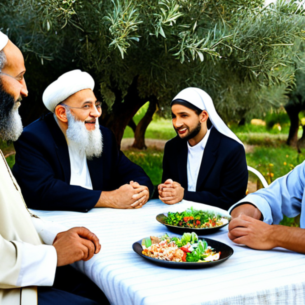 이스라엘의 대표 종교 유대교 이슬람교 기독교 - Interfaith Dialogue**
"A diverse group of people, including a Jewish Rabbi, a Muslim Imam, and a Ch...