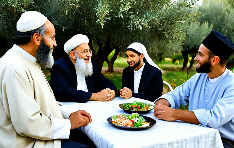 이스라엘의 대표 종교 유대교 이슬람교 기독교 - Interfaith Dialogue**
"A diverse group of people, including a Jewish Rabbi, a Muslim Imam, and a Ch...