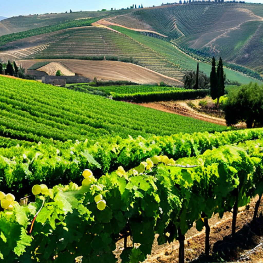이스라엘의 주요 농업 지역 - **
"Lush green fields in Northern Israel (Galilee), grape vines in the foreground, rolling hills, c...