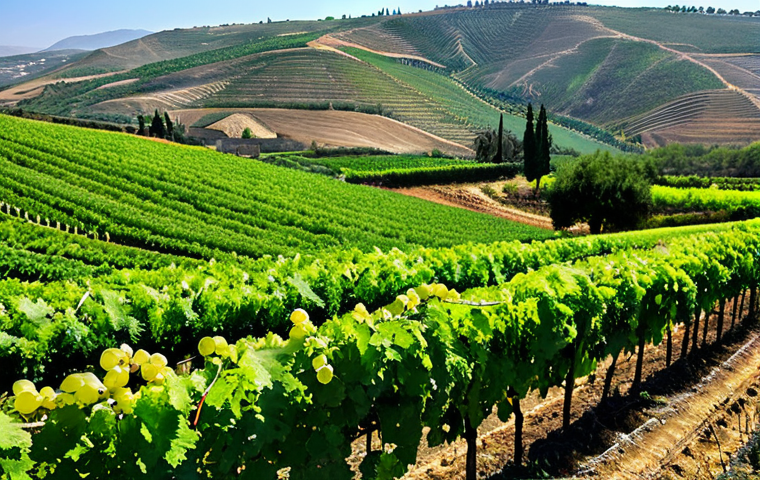 이스라엘의 주요 농업 지역 - **
"Lush green fields in Northern Israel (Galilee), grape vines in the foreground, rolling hills, c...