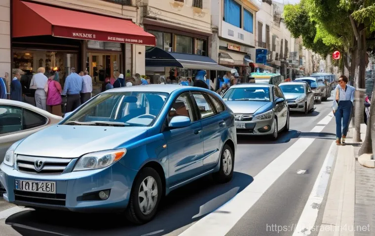 이스라엘의 교통 규칙 - **Prompt:** A modern car, driven safely on the right side of the road, is navigating a well-maintain...