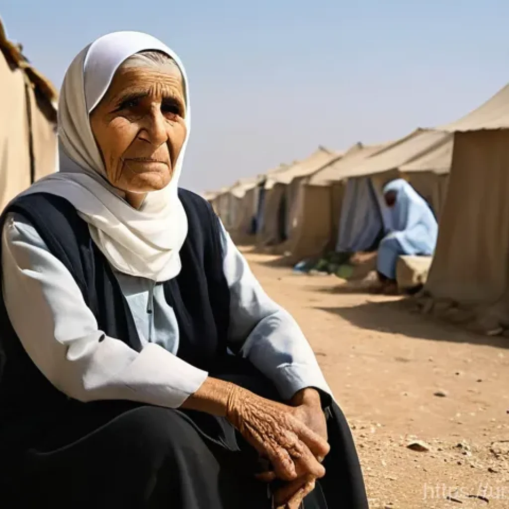 이스라엘과 팔레스타인의 평화 시도 - **Prompt: Enduring Hope in Displacement**
A poignant and dignified scene depicting an elderly wo...