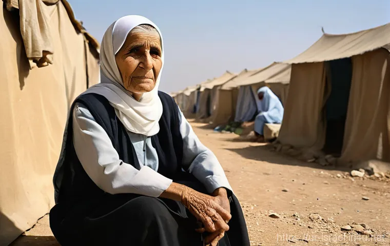 이스라엘과 팔레스타인의 평화 시도 - **Prompt: Enduring Hope in Displacement**
A poignant and dignified scene depicting an elderly wo...