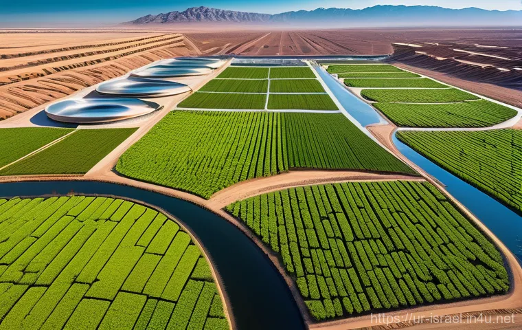 이스라엘의 자연과 환경보호 정책 - **Prompt:** A breathtaking aerial view of a vibrant oasis flourishing within a vast, golden desert. ...