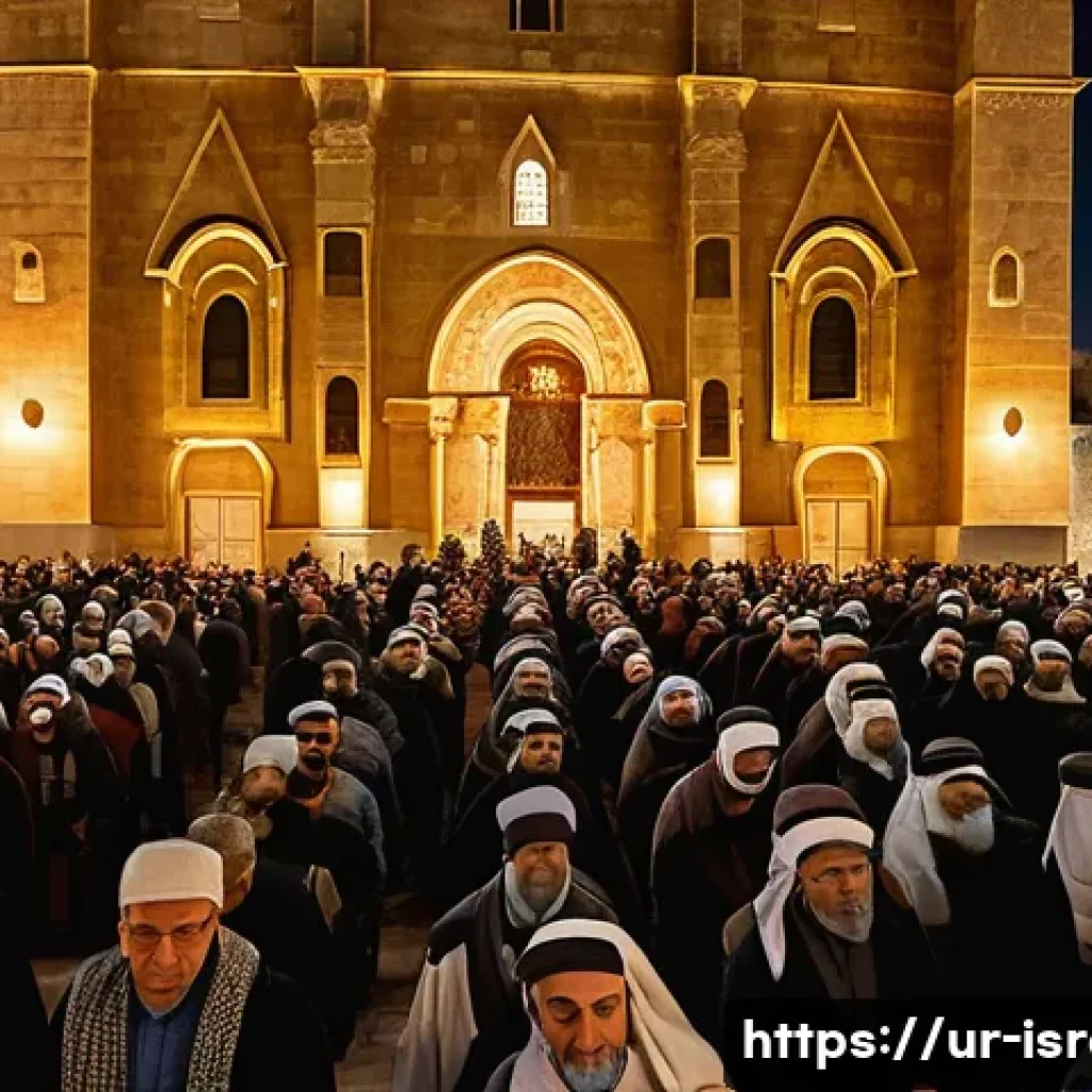 이스라엘의 기독교 순례지 - A serene panoramic view of Bethlehem’s Church of the Nativity during Christmas season, showing thous...