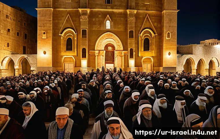 이스라엘의 기독교 순례지 - A serene panoramic view of Bethlehem’s Church of the Nativity during Christmas season, showing thous...