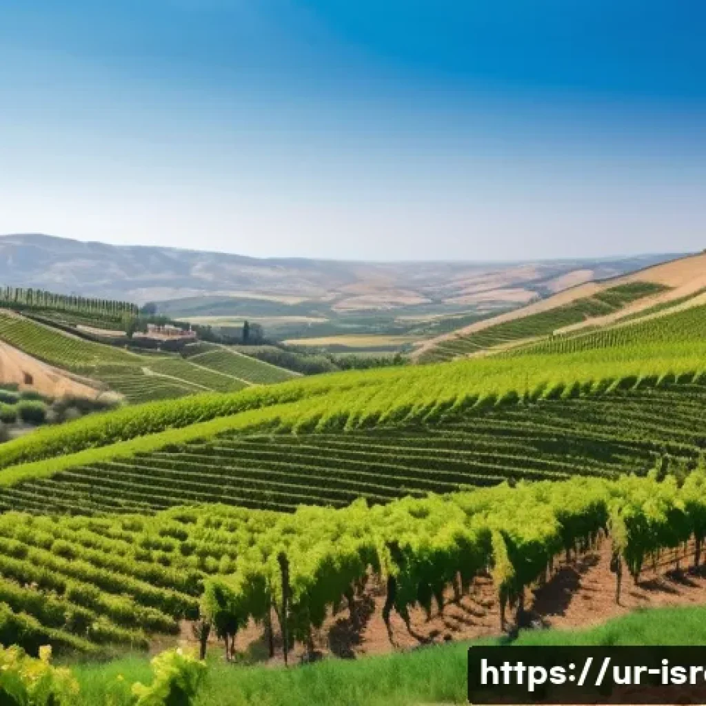 이스라엘의 와이너리 투어 - A panoramic view of lush green vineyards stretching across rolling hills in Israel during springtime...