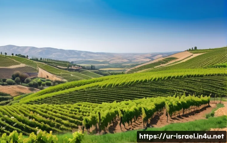 이스라엘의 와이너리 투어 - A panoramic view of lush green vineyards stretching across rolling hills in Israel during springtime...