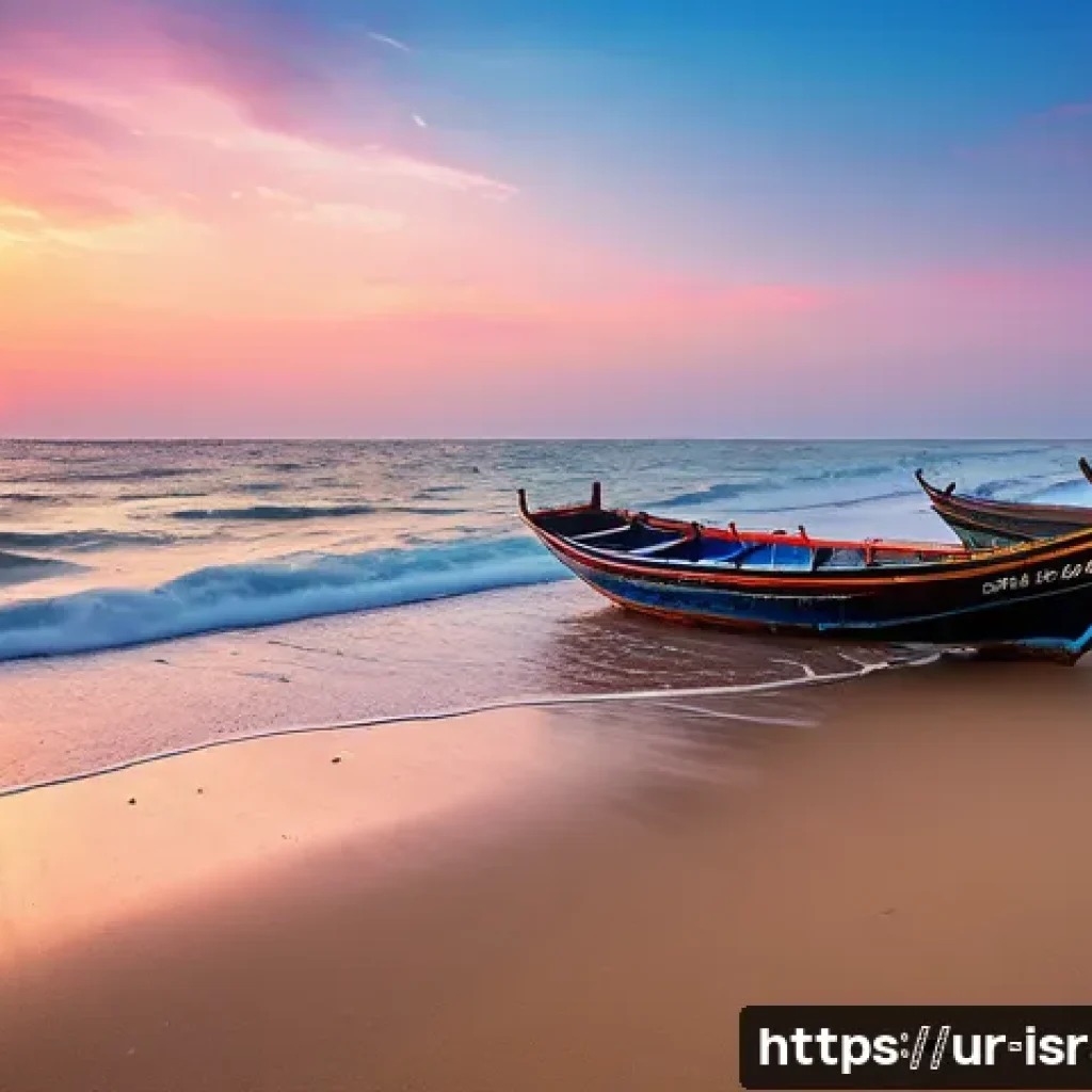 이스라엘의 해양 스포츠와 사막 모험 - A serene coastal landscape at sunset on a warm spring evening in a South Asian region, featuring dee...