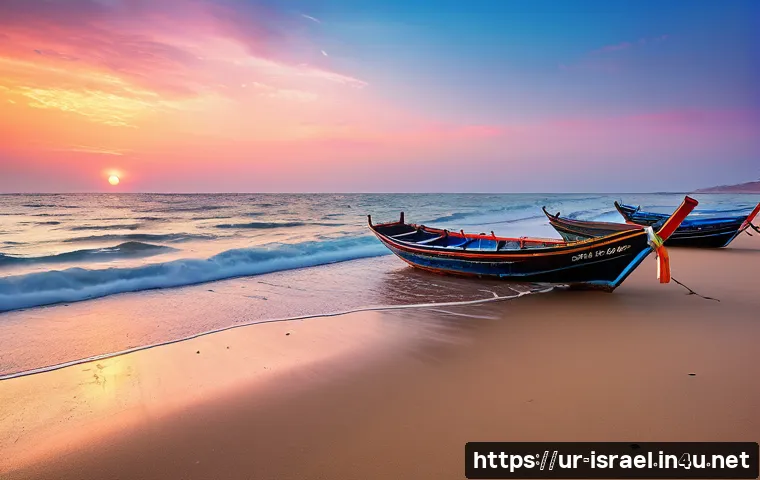 이스라엘의 해양 스포츠와 사막 모험 - A serene coastal landscape at sunset on a warm spring evening in a South Asian region, featuring dee...