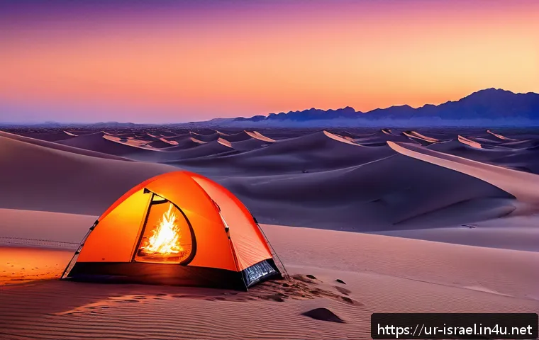 이스라엘에서의 사막 캠핑 - A serene desert sunset scene featuring vast golden sand dunes glowing warmly under the fading sun, w...
