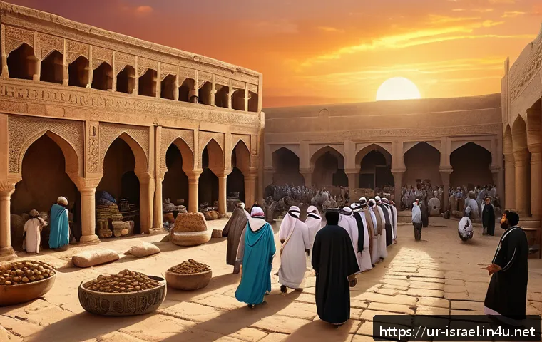 이스라엘의 전통 신앙 체계 - A vibrant scene depicting an ancient Middle Eastern marketplace blending Canaanite, Egyptian, Babylo...