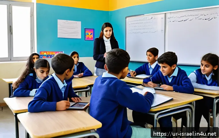 이스라엘 교육 시스템과 주요 학교 - A modern Israeli classroom scene showing diverse schoolchildren aged around 12-15, wearing casual cl...