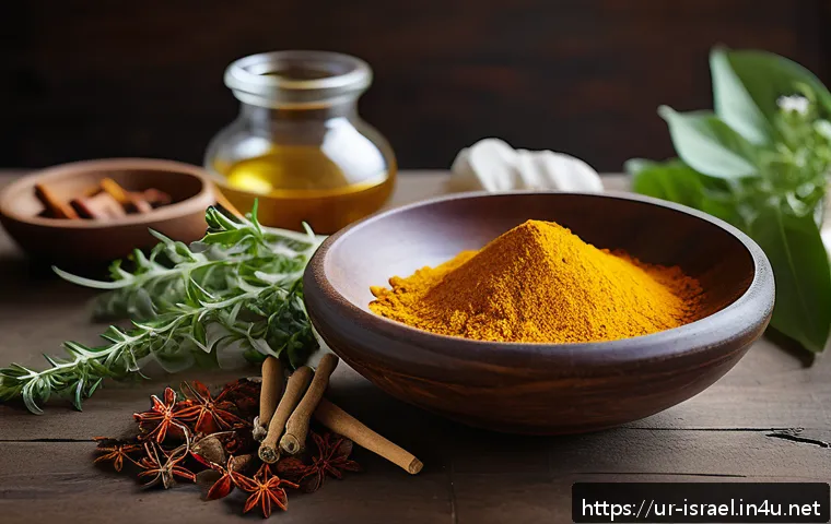 이스라엘의 전통 의학 - A vibrant and detailed still life composition of traditional South Asian spices and herbs used in mo...