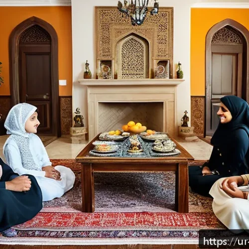이스라엘과 아랍권 문화의 차이 - A warm, multigenerational Arab family gathering in a traditional living room, featuring elderly gran...