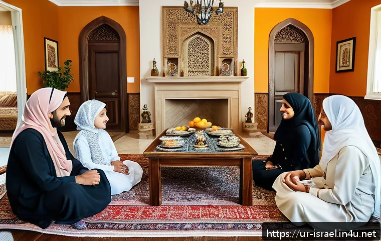 이스라엘과 아랍권 문화의 차이 - A warm, multigenerational Arab family gathering in a traditional living room, featuring elderly gran...