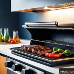 이스라엘의 주요 요리법과 조리 도구 - A modern kitchen scene showcasing a sleek, low-smoke electric grill in use, grilling fresh vegetable...
