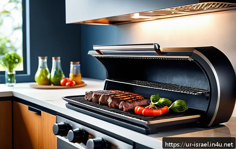 이스라엘의 주요 요리법과 조리 도구 - A modern kitchen scene showcasing a sleek, low-smoke electric grill in use, grilling fresh vegetable...