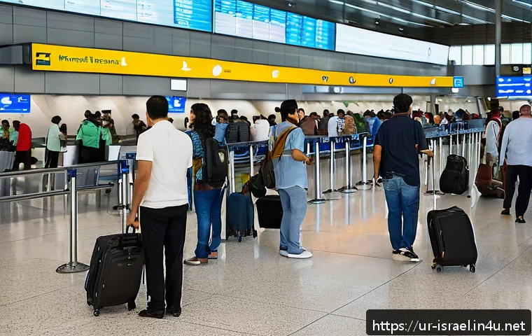 이스라엘 벤구리온 공항 이용 팁 - A busy scene inside Ben Gurion Airport&rsquo;s modern terminal, showing diverse travelers using mobile pho...