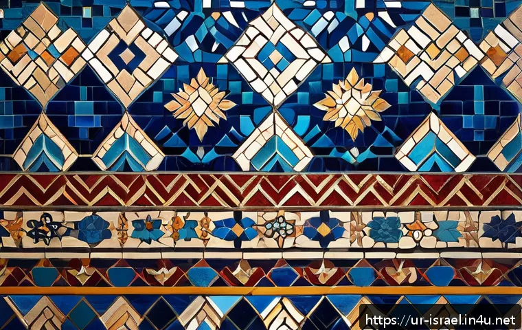 이스라엘에서 배울 수 있는 고대 예술 - A detailed digital artwork depicting an ancient Israeli mosaic pattern integrated into a modern grap...
