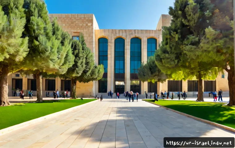 이스라엘의 주요 대학 랭킹 - Photorealistic panoramic view of a leading Israeli university campus in Jerusalem, modern sandstone ...