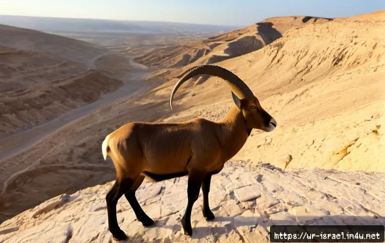 이스라엘 사막에서의 야생동물 - Photorealistic Nubian ibex standing confidently on a sunlit sandstone ridge in the Negev Desert, Isr...