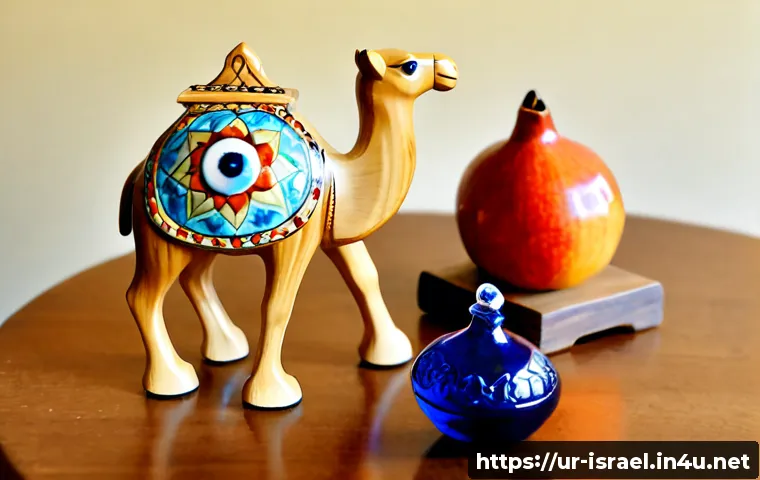 Home 17 이스라엘에서 구매할 수 있는 독특한 기념품 - Photorealistic close-up of distinctive Israeli souvenirs arranged on a warm wooden table: hand-carve...