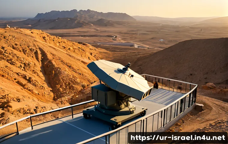 이스라엘의 국방 기술과 세계적 위치 - Photorealistic wide-angle view of a modern desert defense technology test range in Israel, a compact...